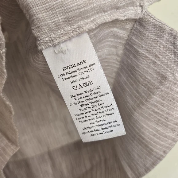 EVERLANE Linen Tan White Striped Button Up Short Sleeve Top, L - Picture 9 of 11